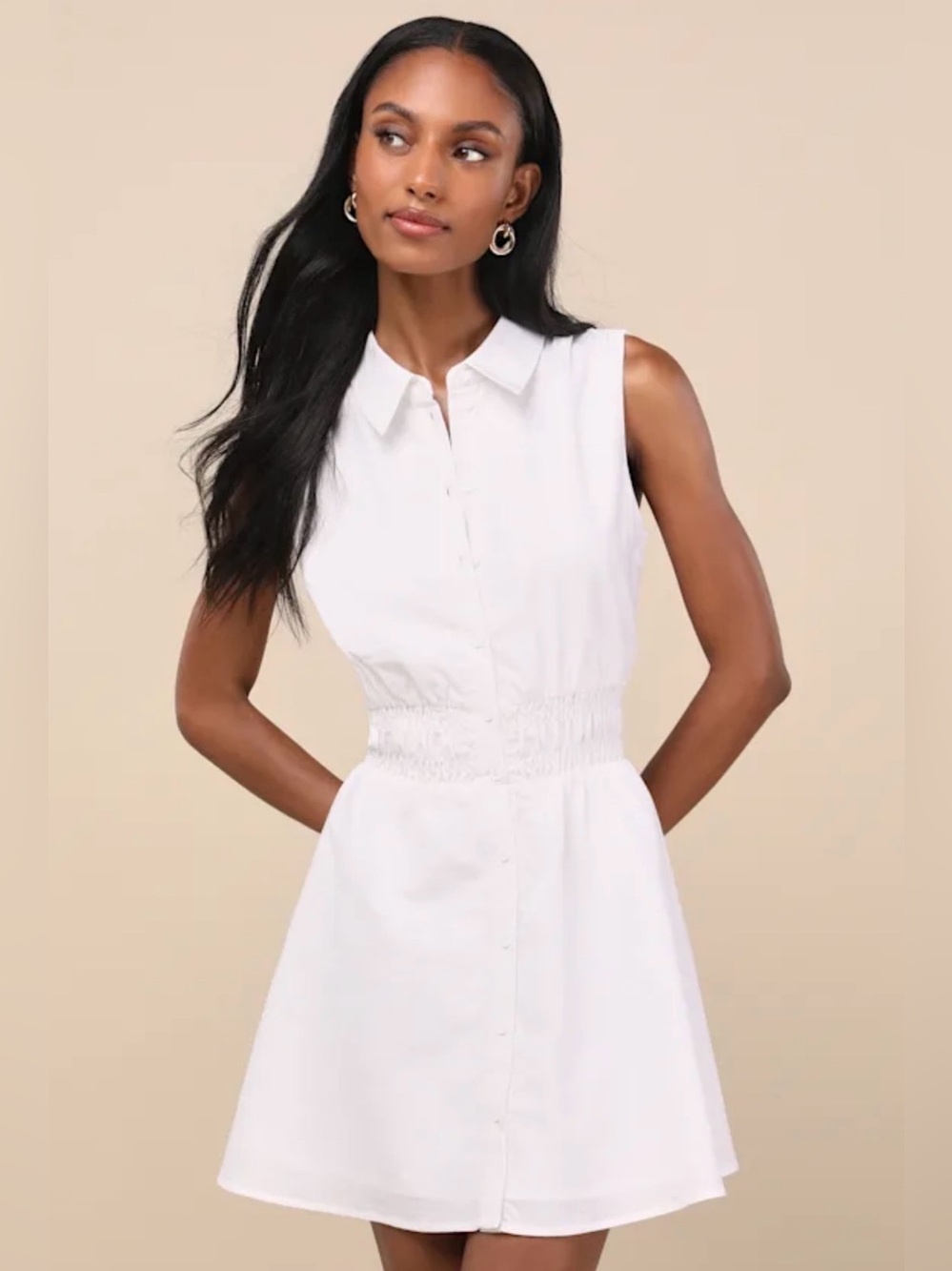 NWT Lulu’s Cotton Linen Blend Sleeveless White Collared Smocked-Waist Dress - XL